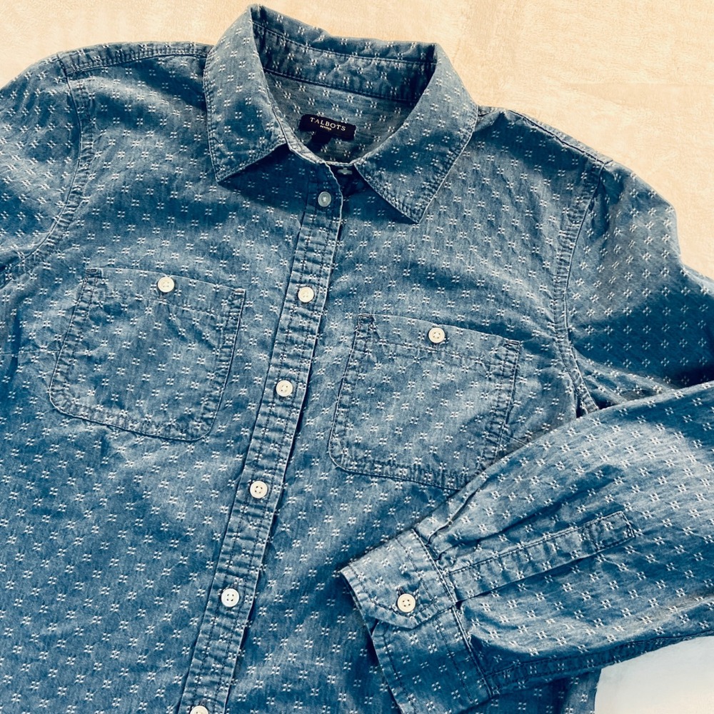Talbots Petites Blue Denim Embroidered Button Down Shirt Cotton MP Medium P